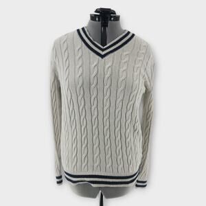 Old Navy Cable Knit Sweater Men's M Tall White Navy Striped V-Neck Preppy Tennis